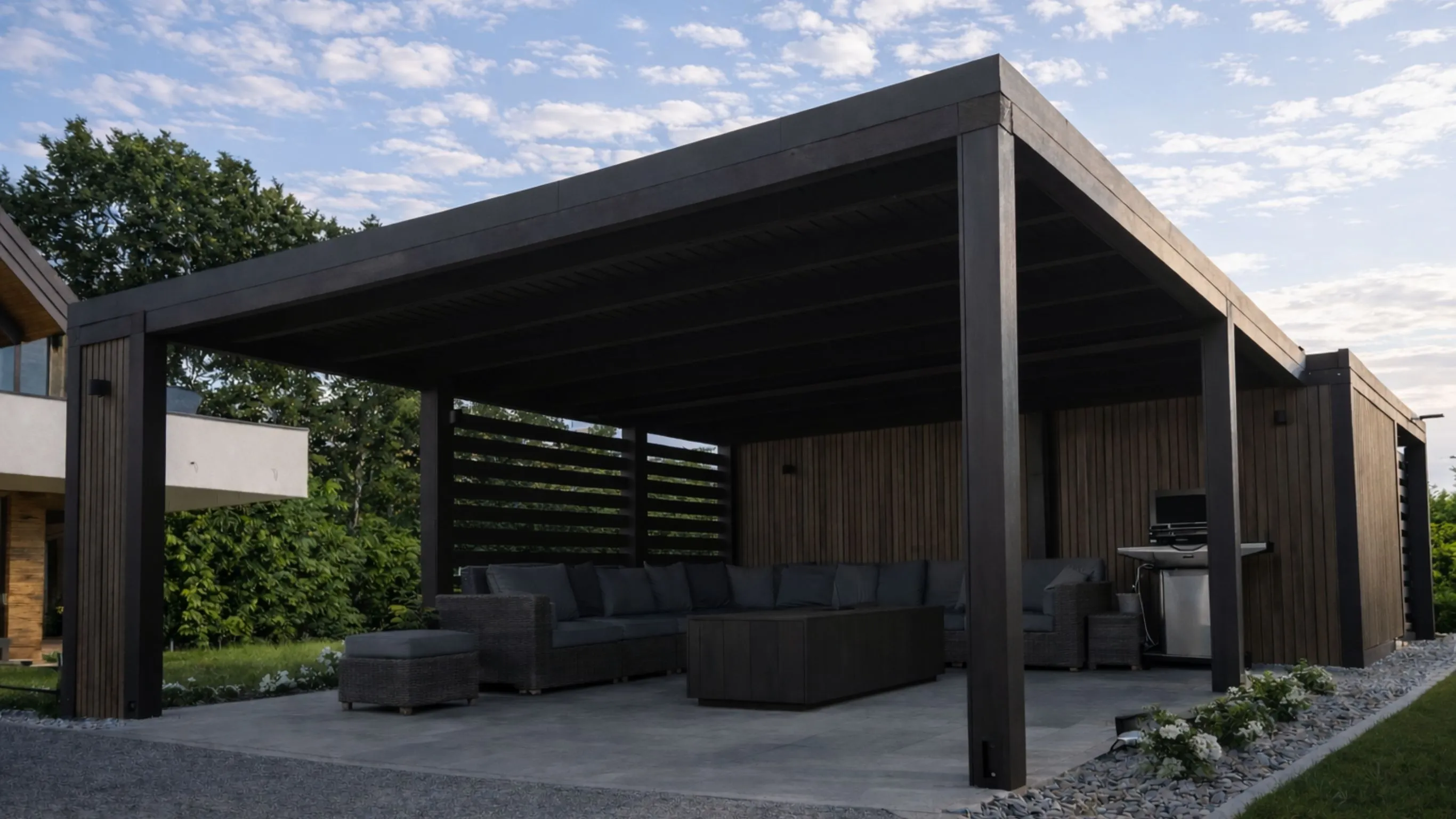 Side-by-side comparison of a luxury patio with professional LED outdoor lighting during dusk and night in Los Angeles by Dream Patios LA.