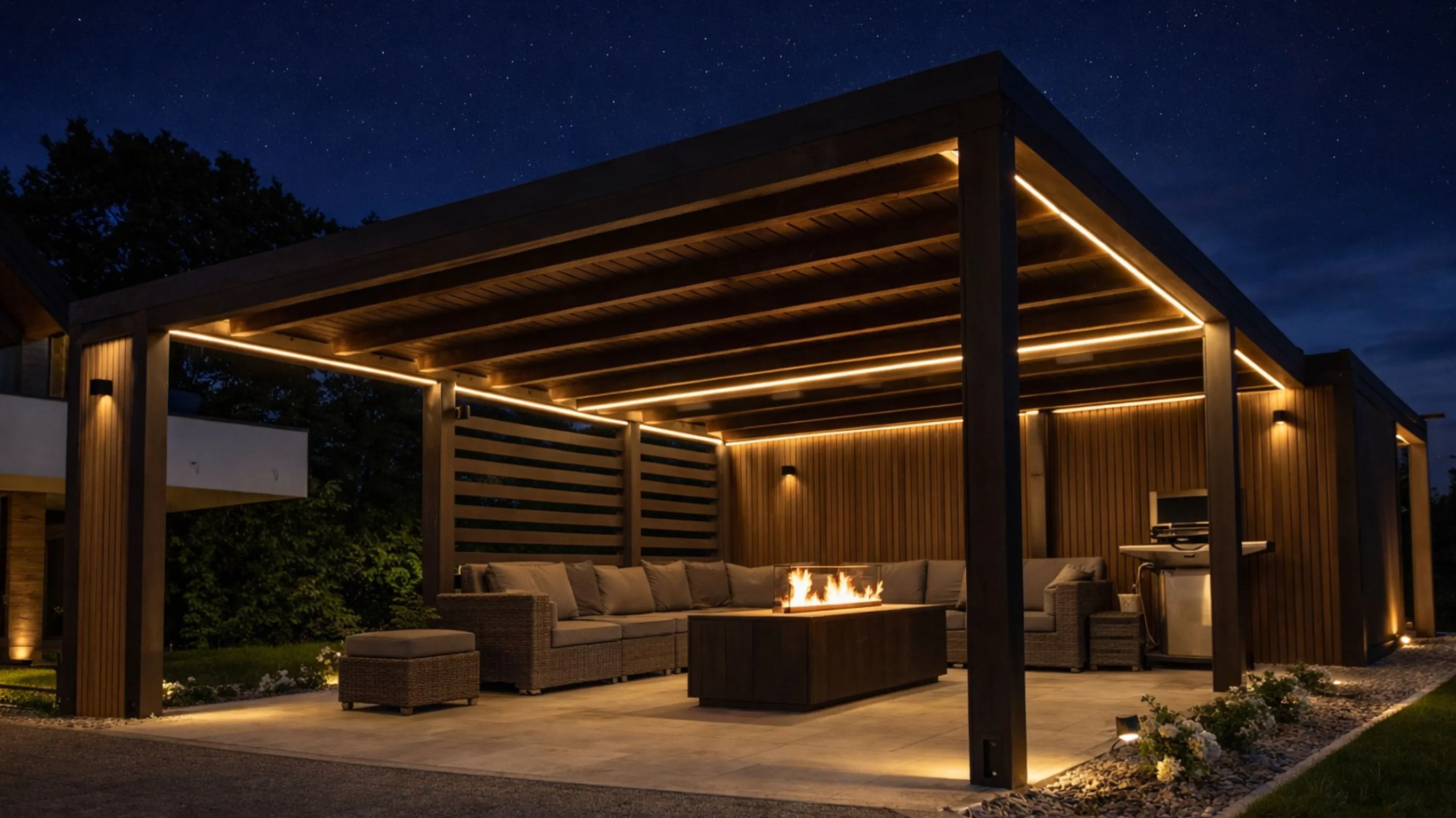Warm LED strip lighting integrated into a modern black pergola and sitting area for a premium backyard in Los Angeles by Dream Patios LA.