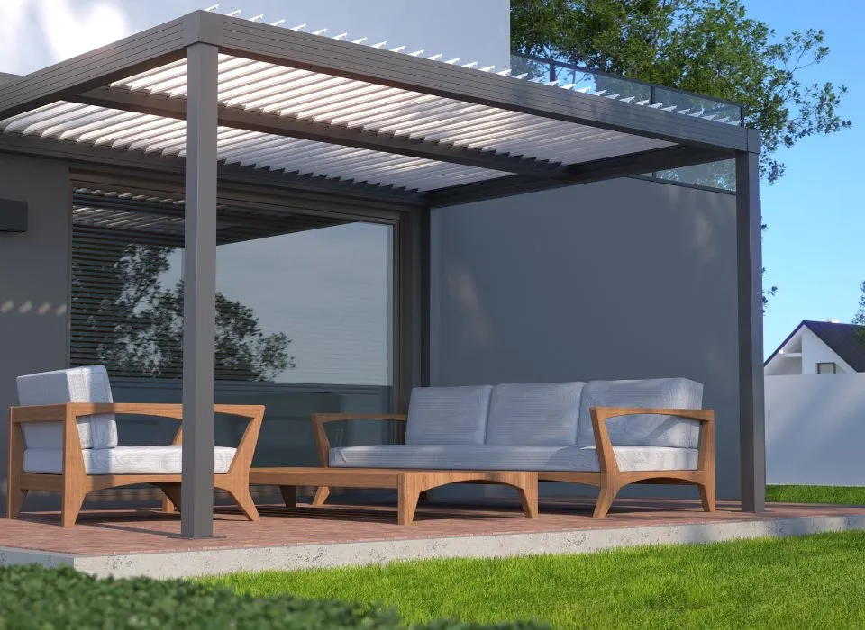 Elegant outdoor dining space protected by a custom bioclimatic patio cover in a Los Angeles home by Dream Patios LA.